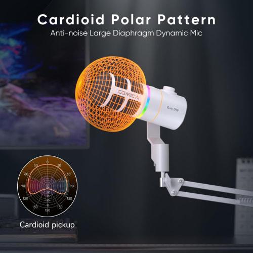 COMICA EJoy D10 (White) Dynamic Gaming Microphone with USB/XLR Digital and Analog Dual Output, Unidirectional, Boom Arm, RGB Lighting, Noise Reduction