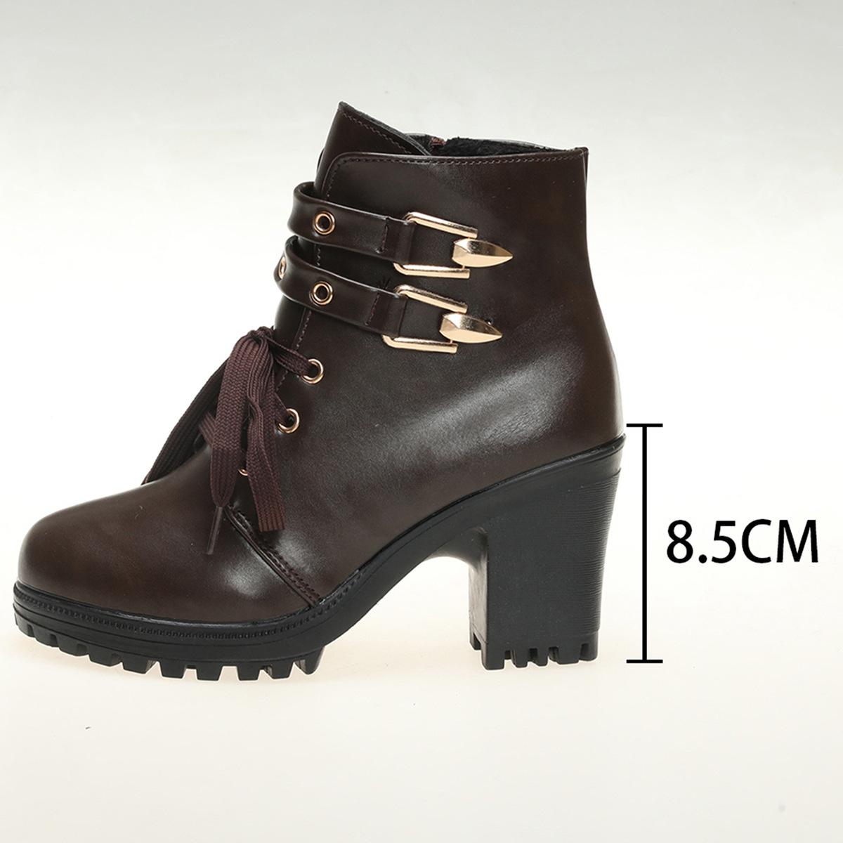 

Внешняя торговля круглый носок толстая подошва большой размер британские модные ботинки 2025 зима толстый каблук ретро боковая молния высокий каблук короткие ботинки 42 темно-коричневого