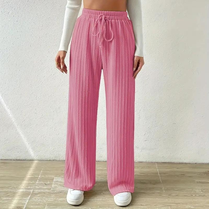 Women's Knitted Wide-leg Pants Fashion Solid Color Texture Stripes Elastic Waist Comfortable Casual Loose Straight Pants