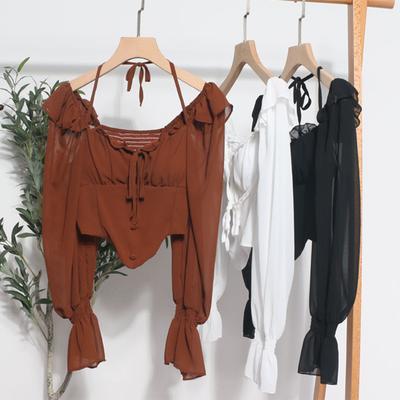 Vintage Flare Hülse Halter-Backless Chiffon Hemd Frauen Harajuku Rüschen Sexy Bluse Elastische Taille Schlank Damen Crop Tops 27722