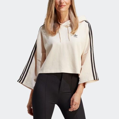 Adidas Originals Short Sports Drawstring Striped Hoodie for Women, Wonder White