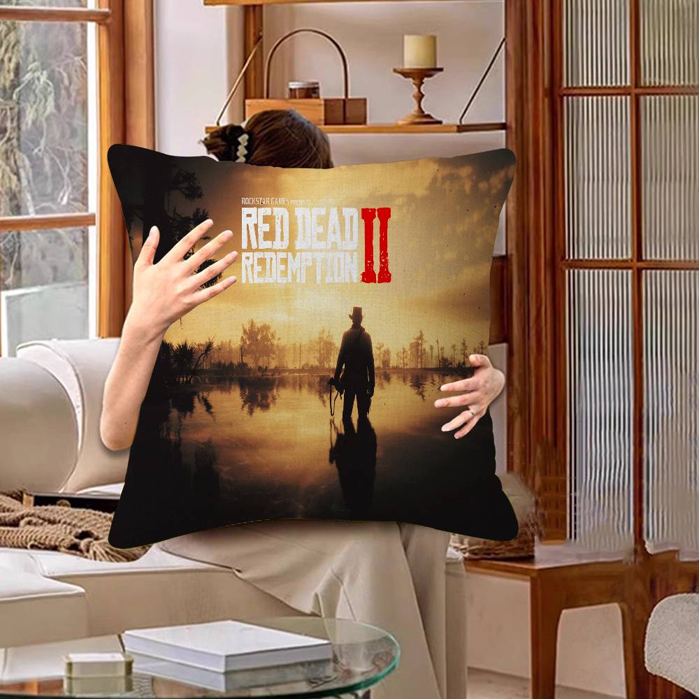 Funda de Almohada para TV de Juego Red-Dead-Redemption 2 Dibujos Animados Decorativa para Sofá del Hogar Impresión a Doble Cara Felpa Corta Funda de Cojín Linda
