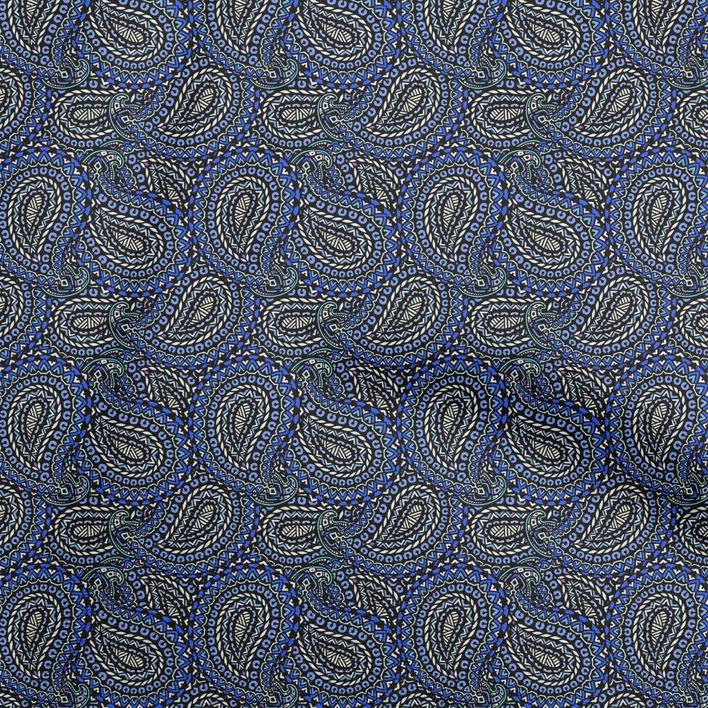 oneOone Cotton Flex Stoff, dunkelblau, blaugrün, asiatisches Paisleymuster, Block-Nähmaterial, bedruckter Stoff, Meterware, 40 Zoll