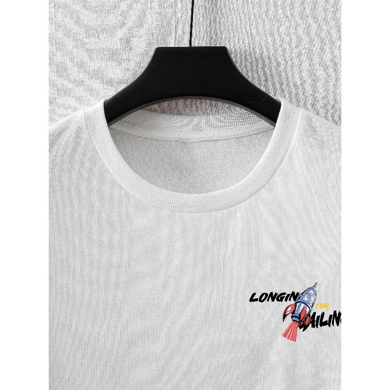 Men's Street Style Rocket Graffiti Print T-Shirt - Casual, Loose Fit with Crew Neck, Breathable, Machine Washable - Perfect for Summer