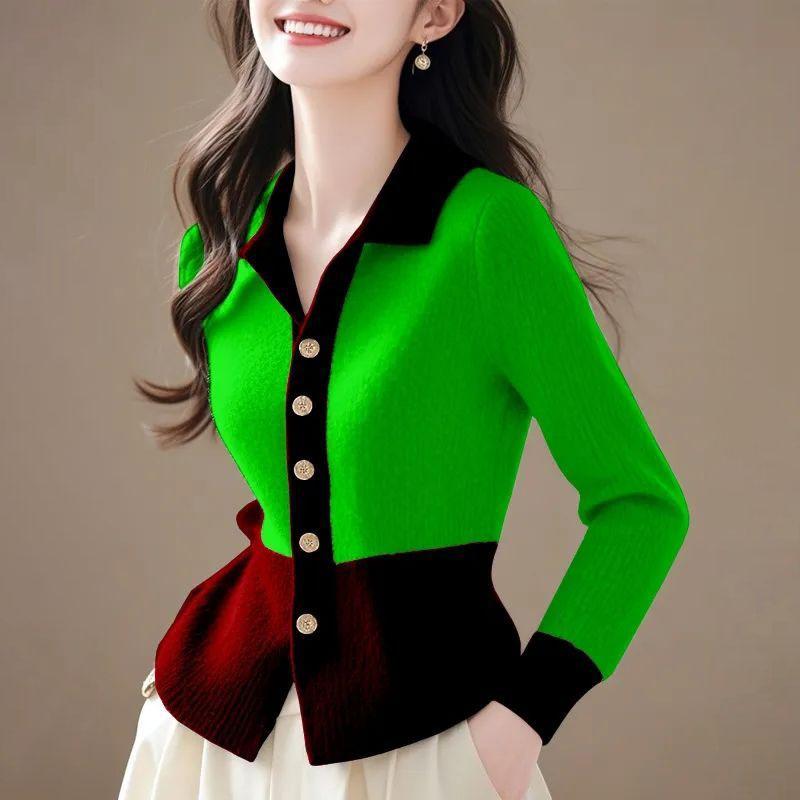 

Женский кардиган в стиле колор-блок, осенне-зимний, с воротником поло, однобортный, вязаный кардиган XL зелёный