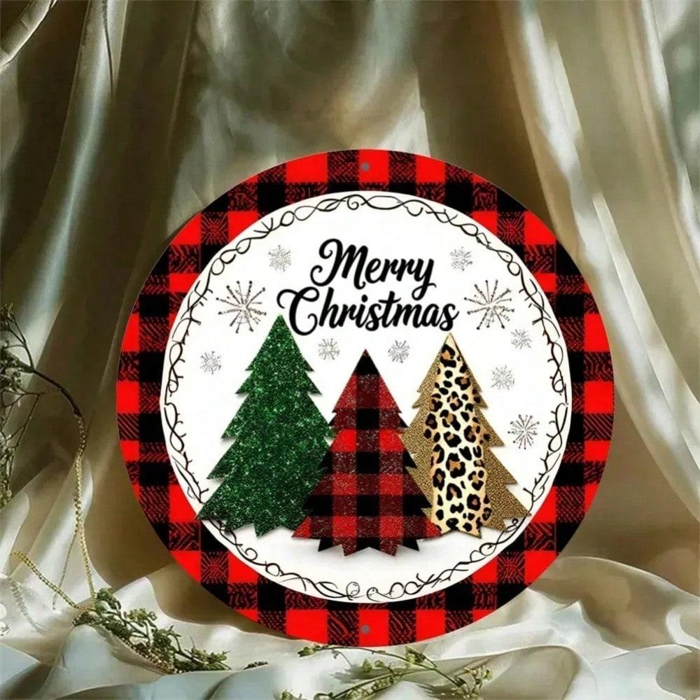 Aluminium Christmas 8 Inch Round Wreath Wall Decor, Red Black Plaid Leopard Pattern Metal Sign for Holiday Home Decoration