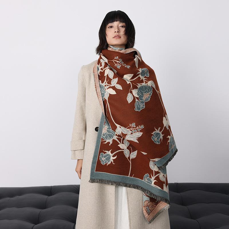 Autumn and Winter New Imitation Cashmere Plant Flower Print Scarf Women's Autumn Warm Thickened Outer Shawl Scarf