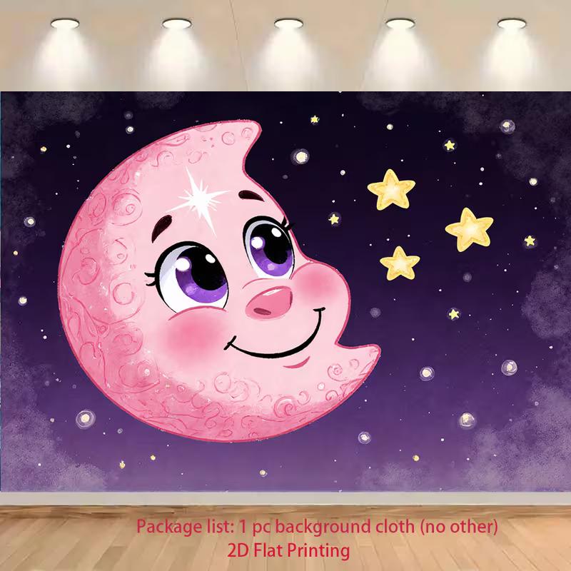 

2D Baby Shower Photography Background, Cute Cartoon Moon and Starry Night Sky 47.2x31.5inch/120*80cm