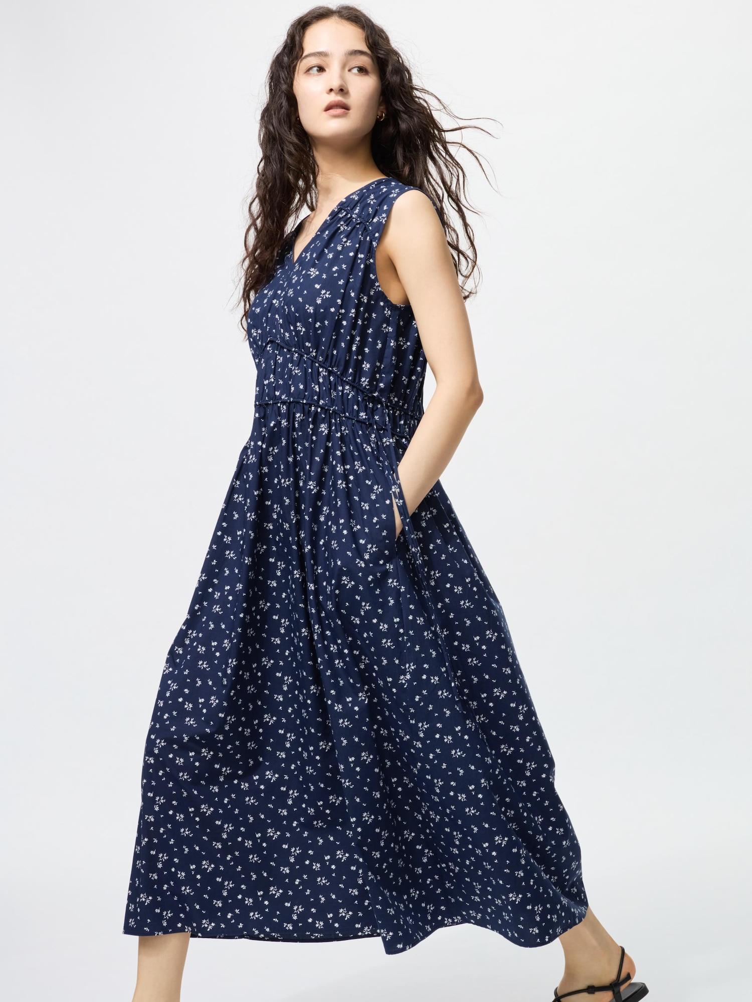 

Uniqlo Хлопковое платье со сборками Без рукавов С принтом 69 NAVY/WOMEN S