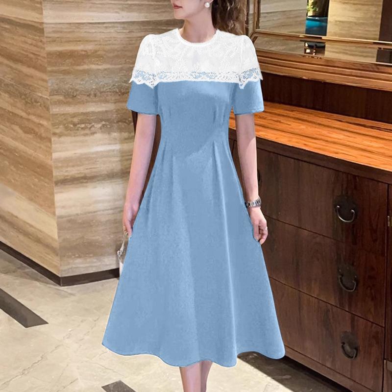 

ZANZEA Женское повседневное платье с кружевной вставкой, круглым вырезом и короткими рукавами 5XL синий