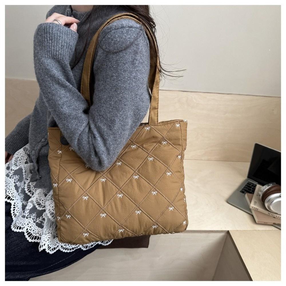 Casual Large Capacity Quilted Tote Bag Solid Color Argyle Pattern Shoulder Bag Bow Embroidery Lightweight Handbag