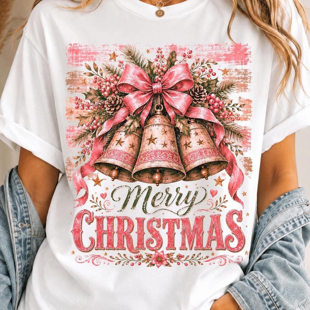 Pink Christmas PNG, Merry Christmas Bells PNG, Vintage Coquette Christmas Sublimation Design, Pink Bow Holly Digital Download