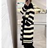 Autumn Lazy Wind Knitted Cardigan Over Knee Coat Autumn and Winter Long V-Neck Striped Contrasting Sweater Jacket Women