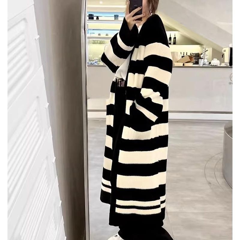 Autumn Lazy Wind Knitted Cardigan Over Knee Coat Autumn and Winter Long V-Neck Striped Contrasting Sweater Jacket Women