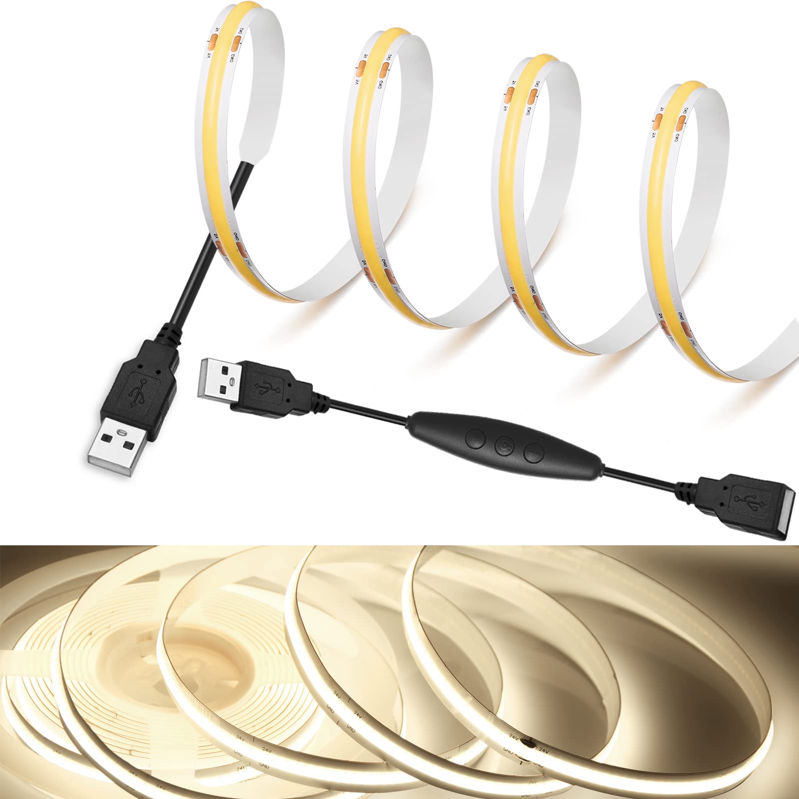 

Rye LED Strip Light, DC5V COB Flexible Tape Light, High Density, 2.5m, 320 LEDsm, 4000K Daylight, 180° Brightness, CRI90, Power Cord Switch, 5-Level
