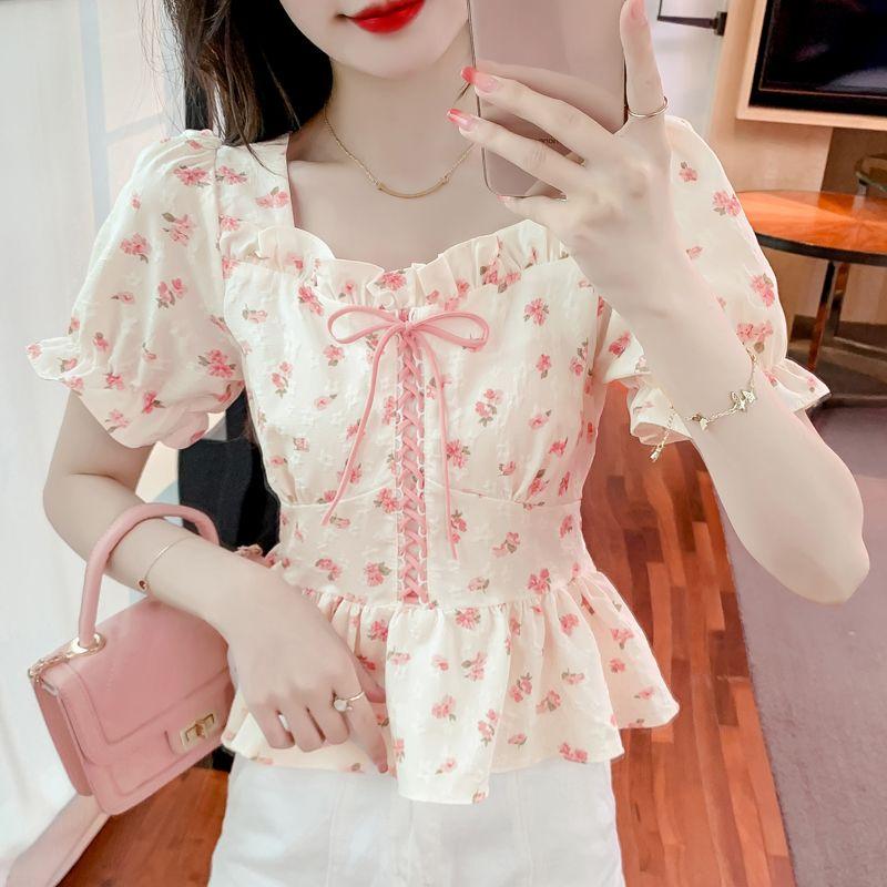 Fashionable and Versatile Bubble Sleeve Ladies' Tops Summer Shredded Ties Slim and Thin Ruffled Edge Shirts