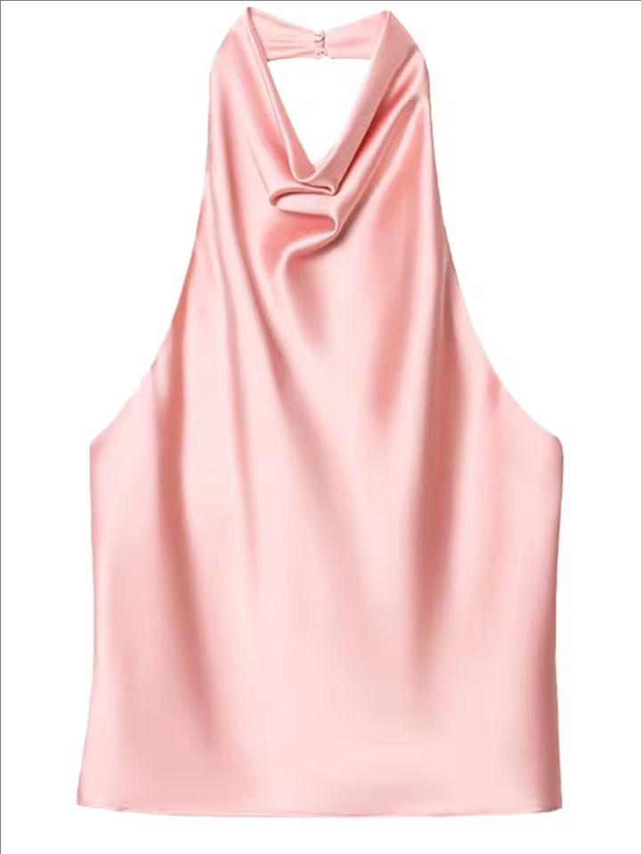 2025 Summer European & American Style Silk Satin Halter Neck Top
