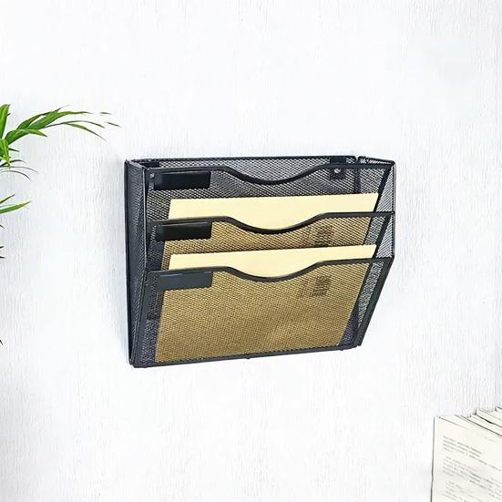 Wall File Organizer 3 Tier Mesh Metal Hanging File Folder Rack with Label Slots Rust-Resistant Mail Organizer for Office Home Classroom