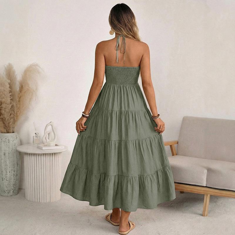 Women's Summer Flowy Maxi Dress Halter Neck Ruched Smocked Boho Beach Vacation Sundress
