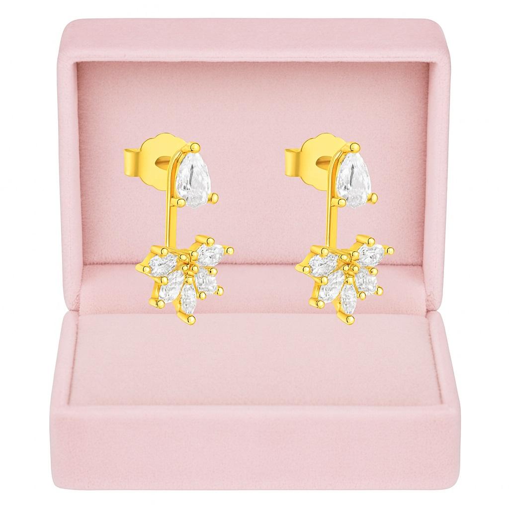 Pear and Marquise Floral Drop Earrings - 925 Sterling Silver Yellow Plated