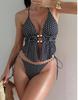 Fato de Banho Feminino Preto Bolinhas Sexy Decote Halter Costas Nuas Amarrado nas Laterais Fato de Biquíni Roupa de Praia Fatos de Banho