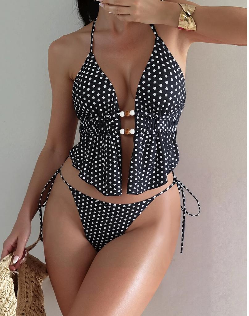 Fato de Banho Feminino Preto Bolinhas Sexy Decote Halter Costas Nuas Amarrado nas Laterais Fato de Biquíni Roupa de Praia Fatos de Banho