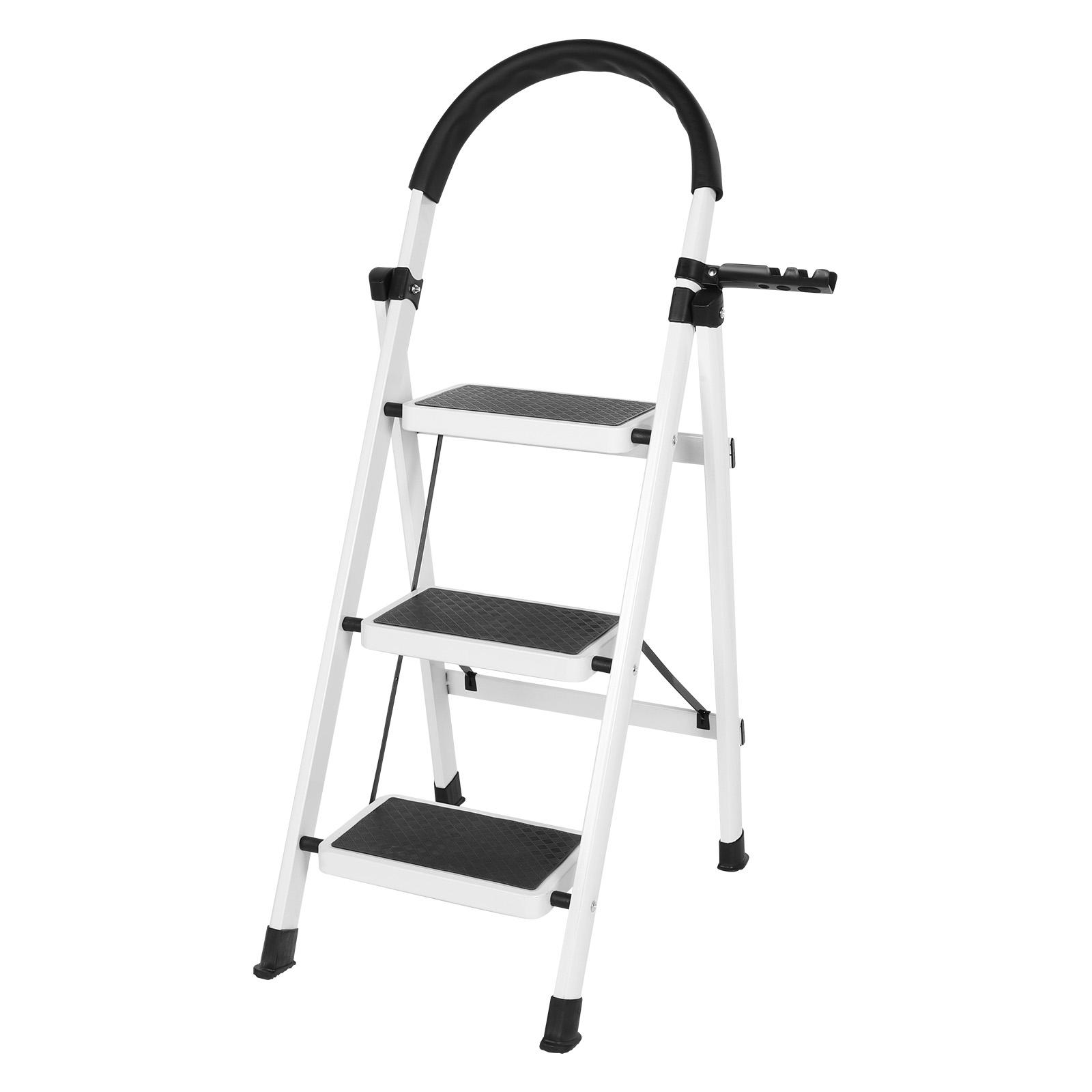 3 Step Foldable Heavy Duty Stepladder with Wide Pedal Anti-Slip Step Stool Collapsible Folding Step Stool for Household Office белый