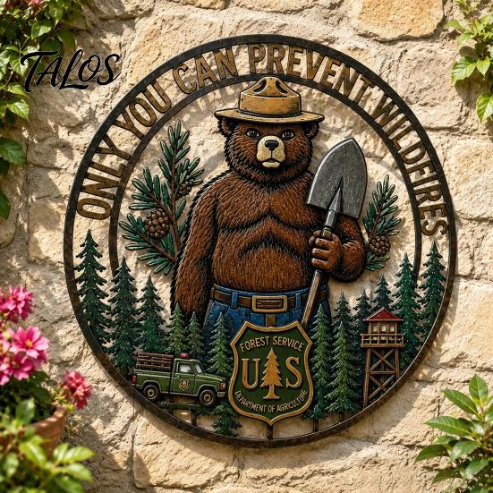 Retro Texture Wall Ornament Only You Can Prevent Wildfires Metal Sign, Vintage Round Bear Iron Hanging for Garden Decor, Funny Tin Sign Home, Garage,