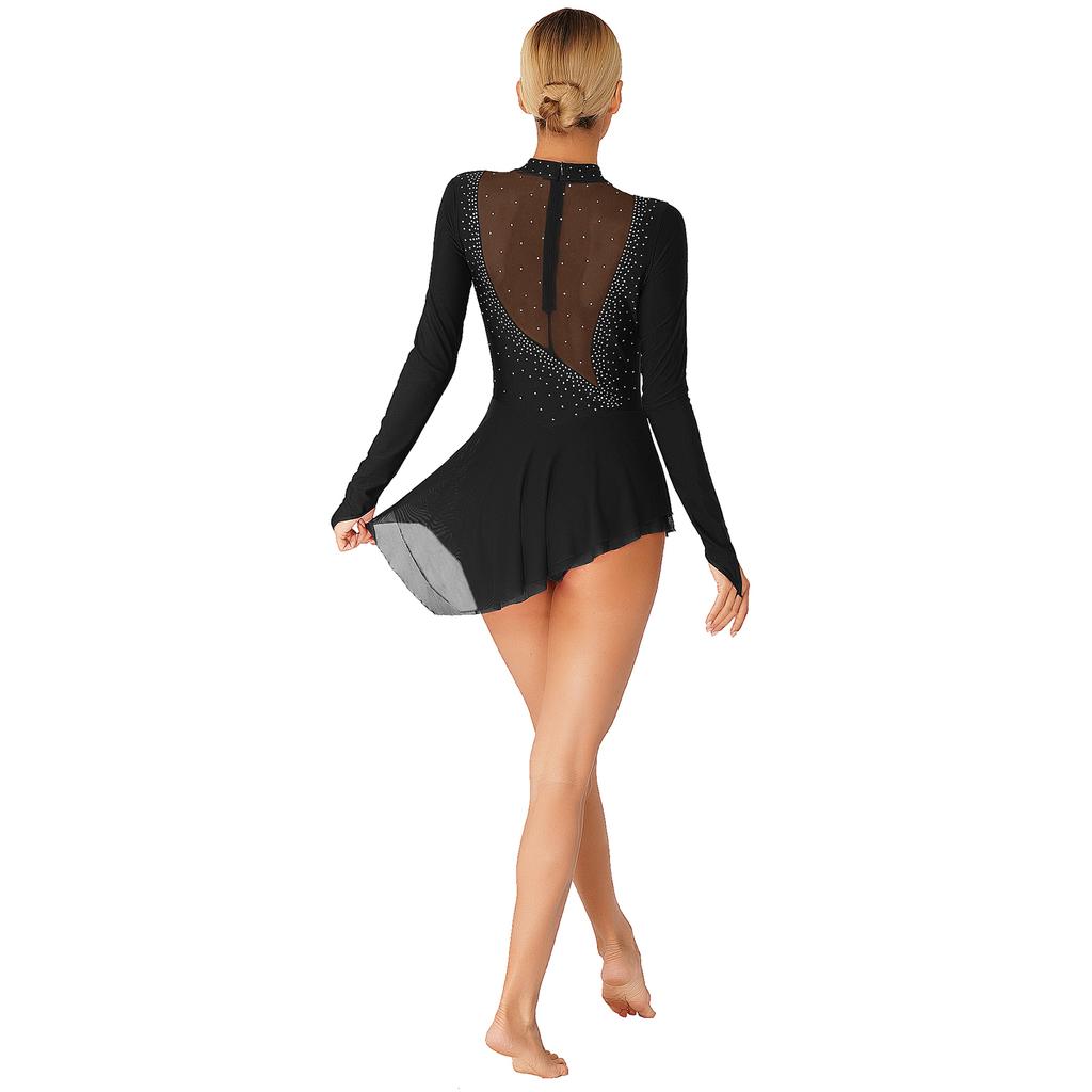 Damen Schlittschuhlauf Outfit Tanzwettbewerb Kostüm Glitzer Strass Netz Langarm Unregelmäßiger Saum Kleid