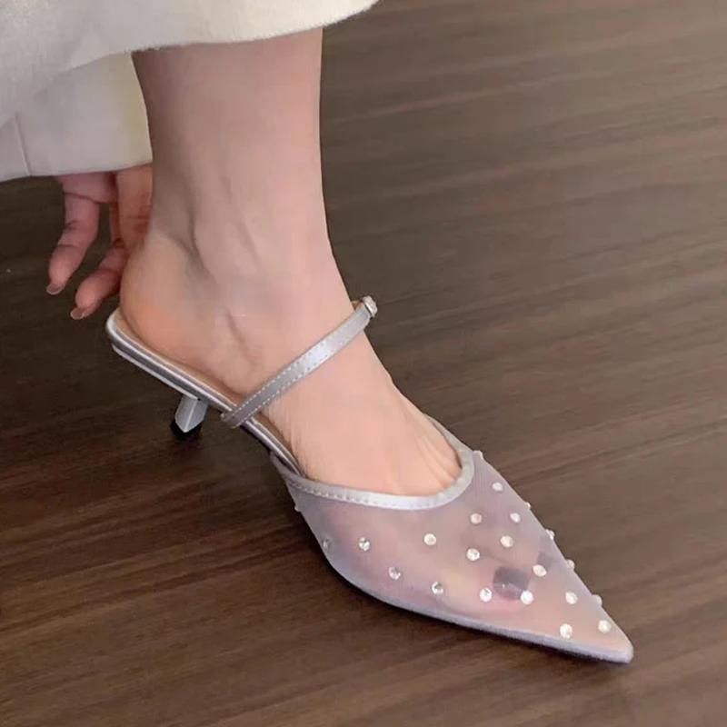 Luxury Women High Heels Slippers Crystal Pointed Toe Mules Shoes Women's Sandals Elegant 2025 Summer Fad Slides New Ladies Shoes