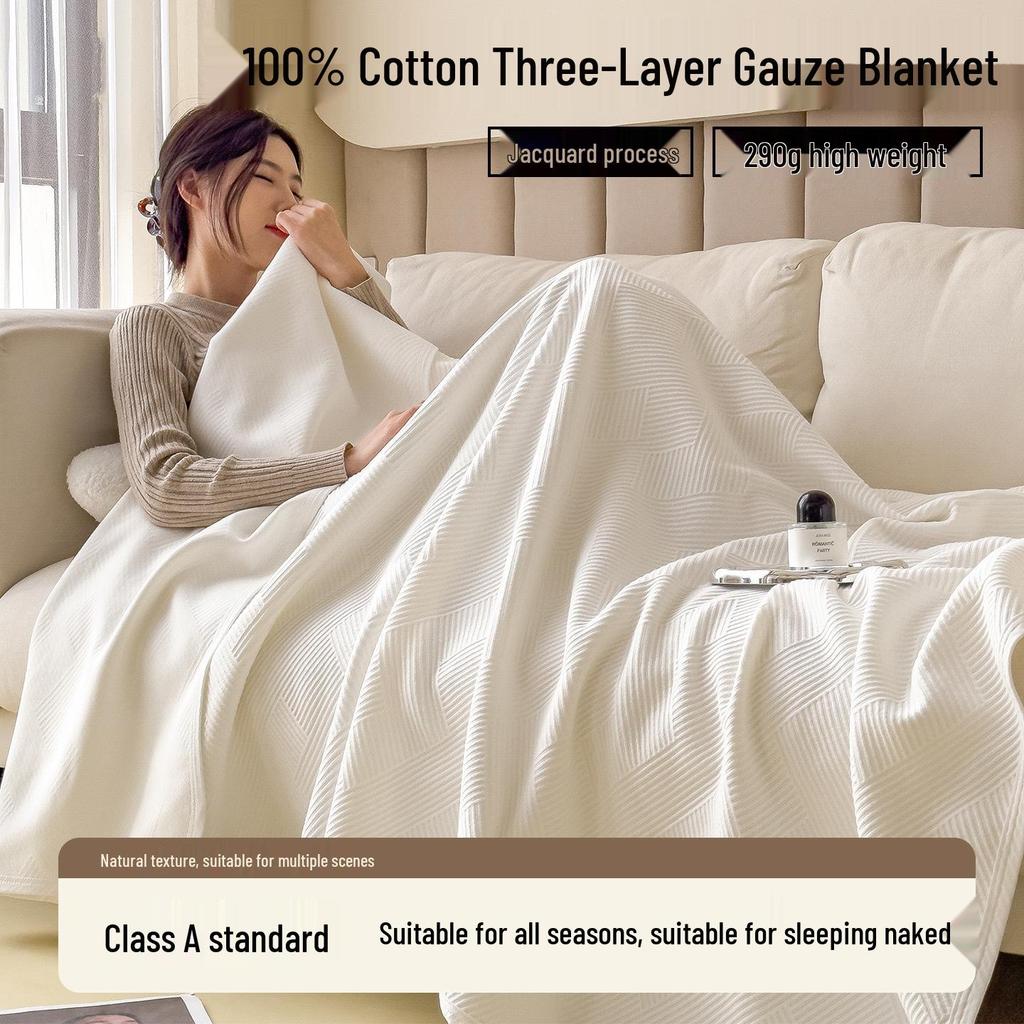 Class A Pure Cotton Three-Layer Gauze Blanket: Summer Cool, All-Season Jacquard Nap & Air Conditioning Quilt