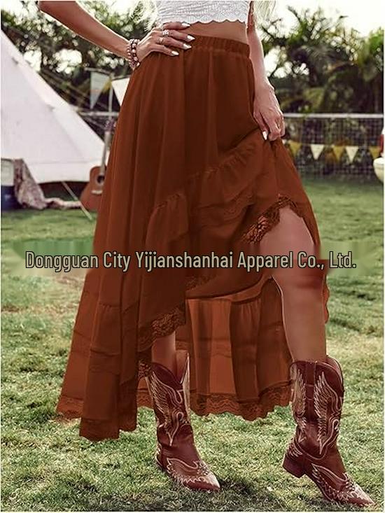 2026 Bohemian Style Printed Waist-Cinched Retro Short Skirt with Elegant Long Lace Design