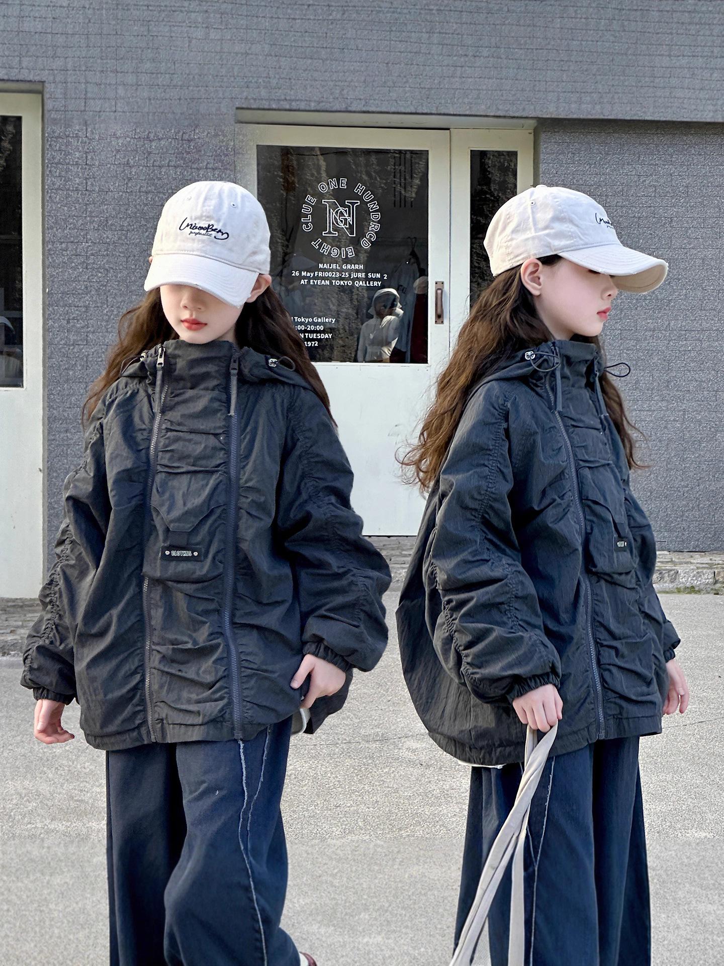 

Autumn 2025 Korean Style Hooded Jacket - Big Girl L, Double Zipper, Loose Fit, Casual Top 140 cm