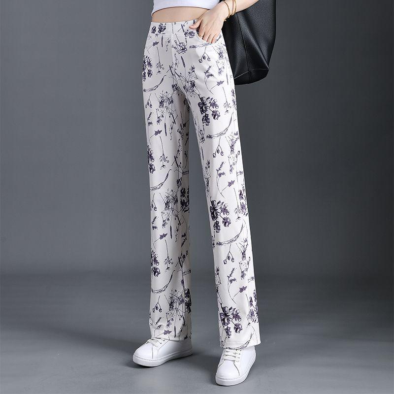 2025 Summer New Versatile Elastic Waist Straight Leg Pants Cuihua Print - Slimming, Stretchy Women's Long Trendy Body Shaping Pants