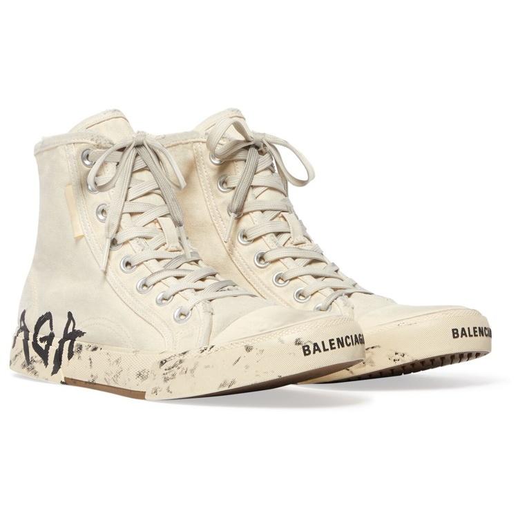 Balenciaga Paris High Top Sneakers 'White Destroyed Cotton and White Rubber with Graffiti' Men's 688752W3RR49010
