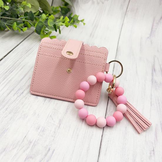 Silicone Bracelet Keychain Wallet Beaded Wristlet Credit Card Holder with Tassel Slim Card Wallet with ID