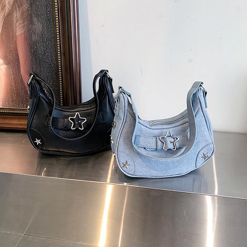 Women Shoulder Handbag Vintage Casual Hobos Denim Star Decor Solid Color Underarm Bag for Girls Ladies Purse Tote