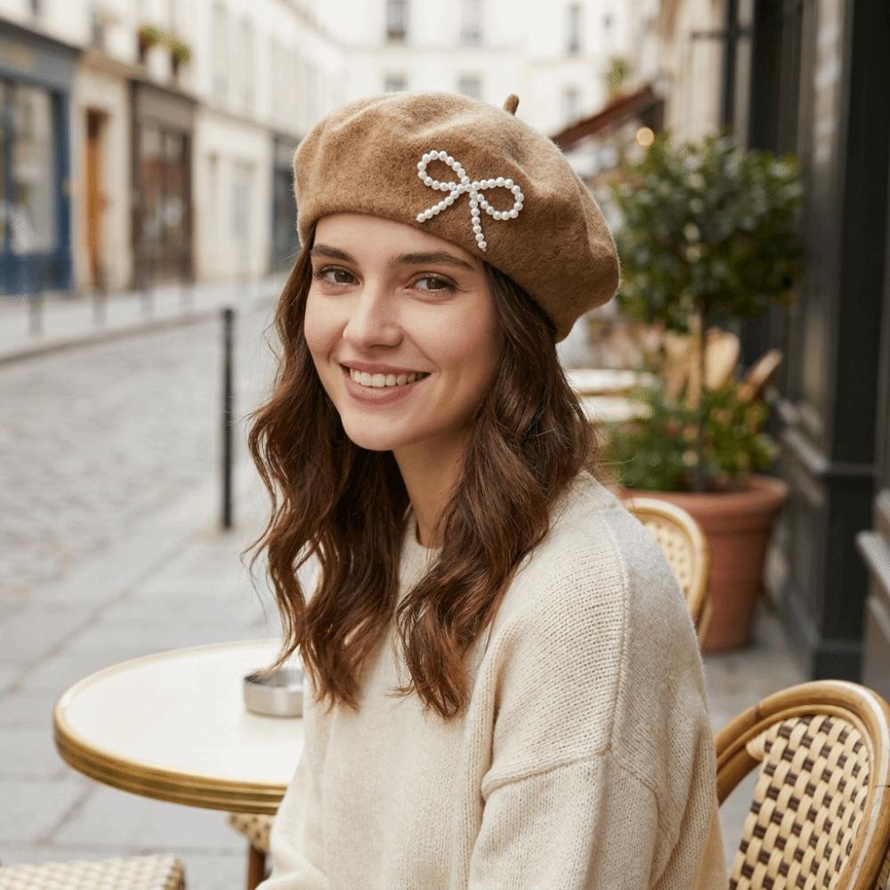 Knitted Bow Beret Solid Color Beanie Cap Streetwear Wool Beret  Street Photography