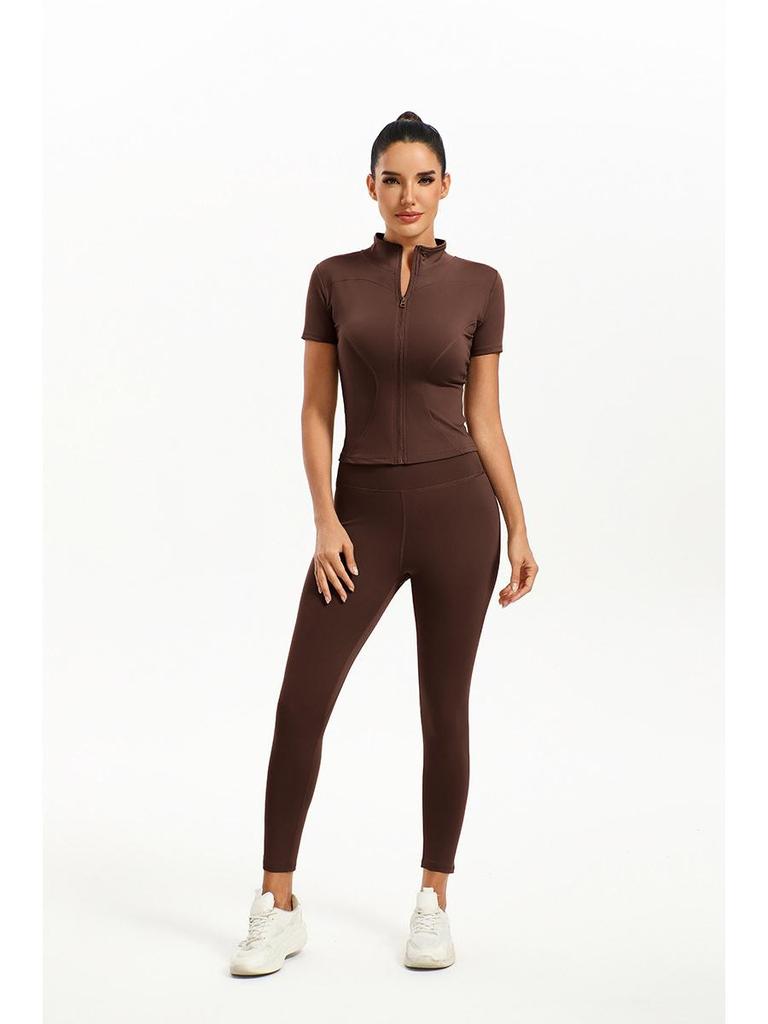 European & American Solid Color Yoga Two-Piece Set: Short Sleeve Top & Nine-Point Pants