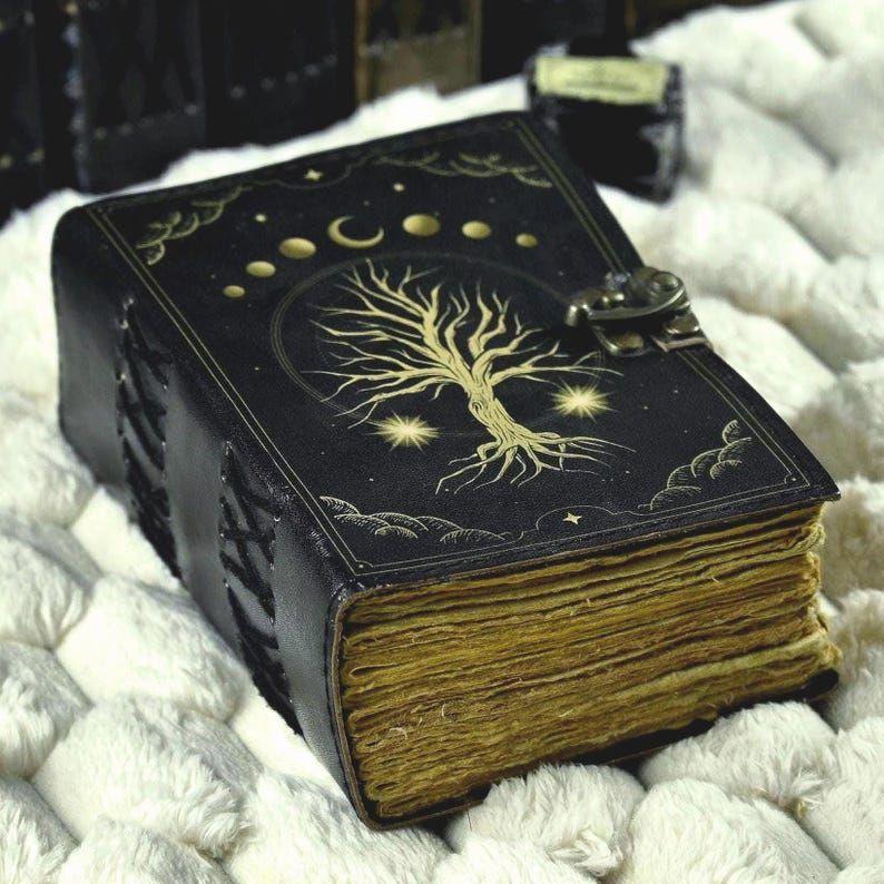 Grimoire leather journal, Print Tree of Life Journal, Blank spell book book of shadows Leather Celestial Gifts For Him Her
