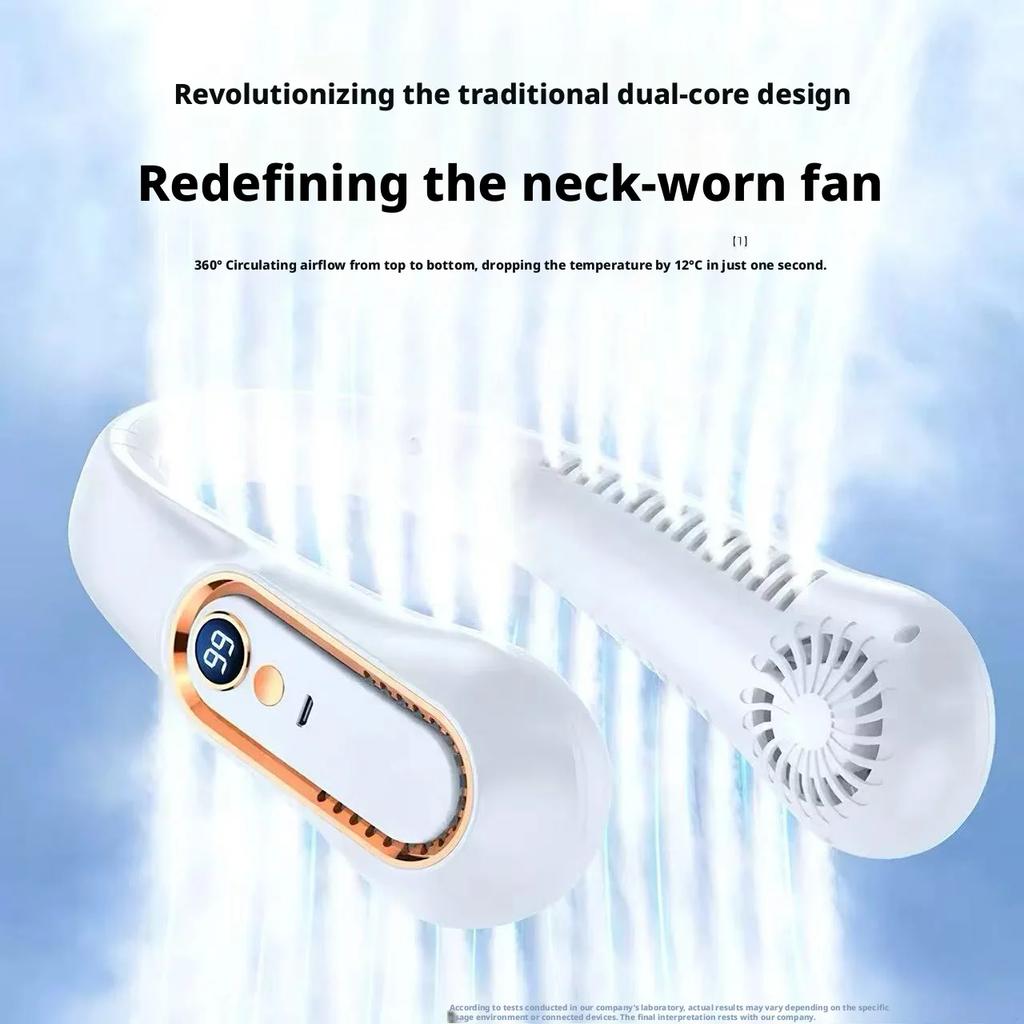 3-Color Optional Ice-Cooling Neck Fan Digital Display USB Rechargeable Bladeless Hanging Neck Fan for Summer Outdoor Use
