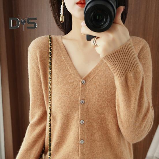 Spring Summer Knitting Cardigan V-Neck Long Sleeve Ribbed Cuffs Sweater Solid Color Single Breasted Stretchy Knitwear