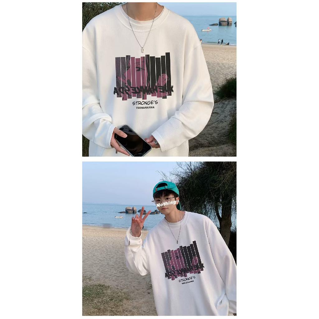 2024 Herren Langarm T-Shirt Herbst Unterhemd Langarm Baumwolle Herbst Hong Kong Stil Druck Lose Trendy Top