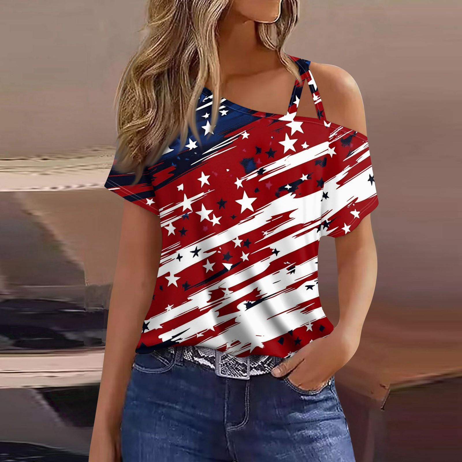 

Женская мода, повседневная футболка с принтом на День независимости, сексуальная футболка с короткими рукавами и открытыми плечами, топ L винный