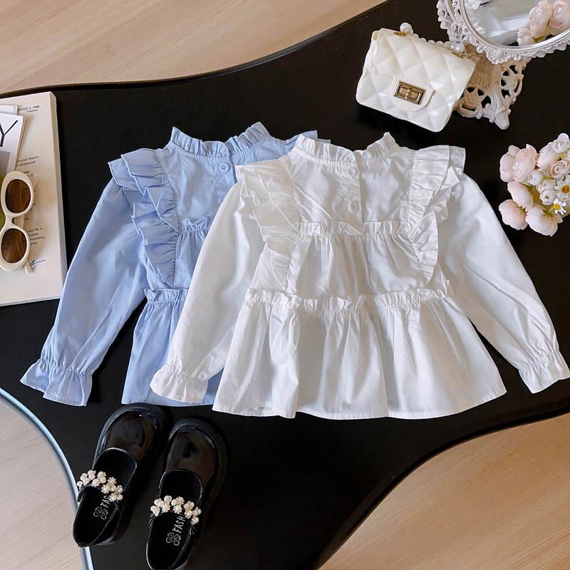 Girls' Stylish Ruffle Sleeve Shirt, Autumn & Spring Korean Fashion, Long Sleeve AQA031