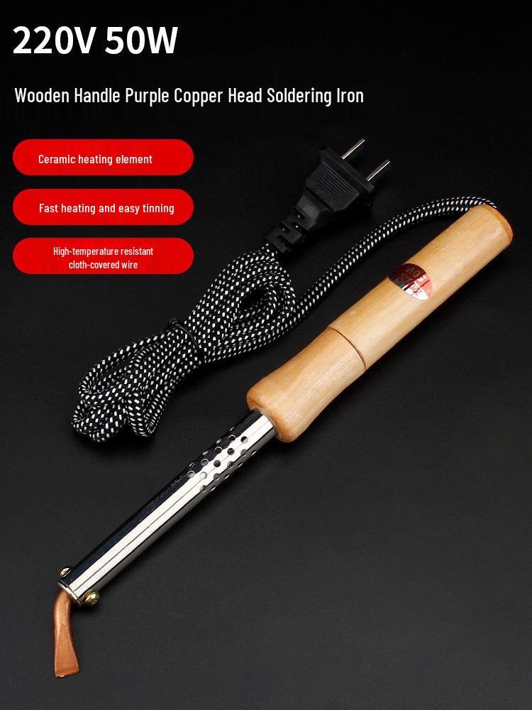 High-Power Electric Soldering Iron Set with Wood Handle - Purple Copper Bent Flat Tip for Household Electronics Repair.