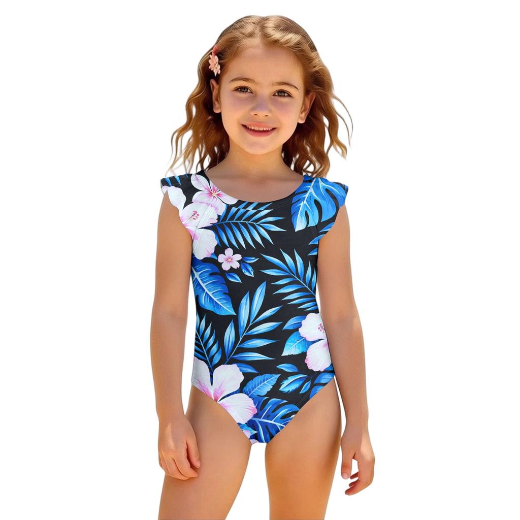 Costume da bagno intero per bambina Estate Stampa Hawaiana Costumi da bagno Bambini Moda Casual Manica a volant Abbigliamento da spiaggia Costume da bagno per bambini