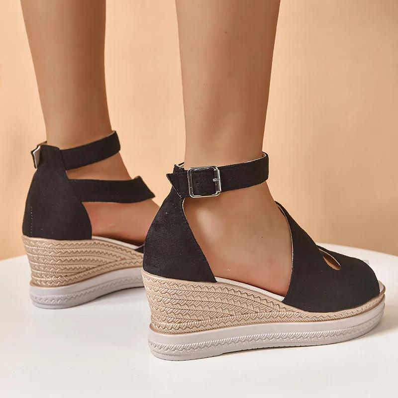Fashion Peep Toe Platform Wedge Sandals for Women Black Ankle Strap Hollow Out Gladiator Sandals Woman Summer Thick Bottom Beach Shoes