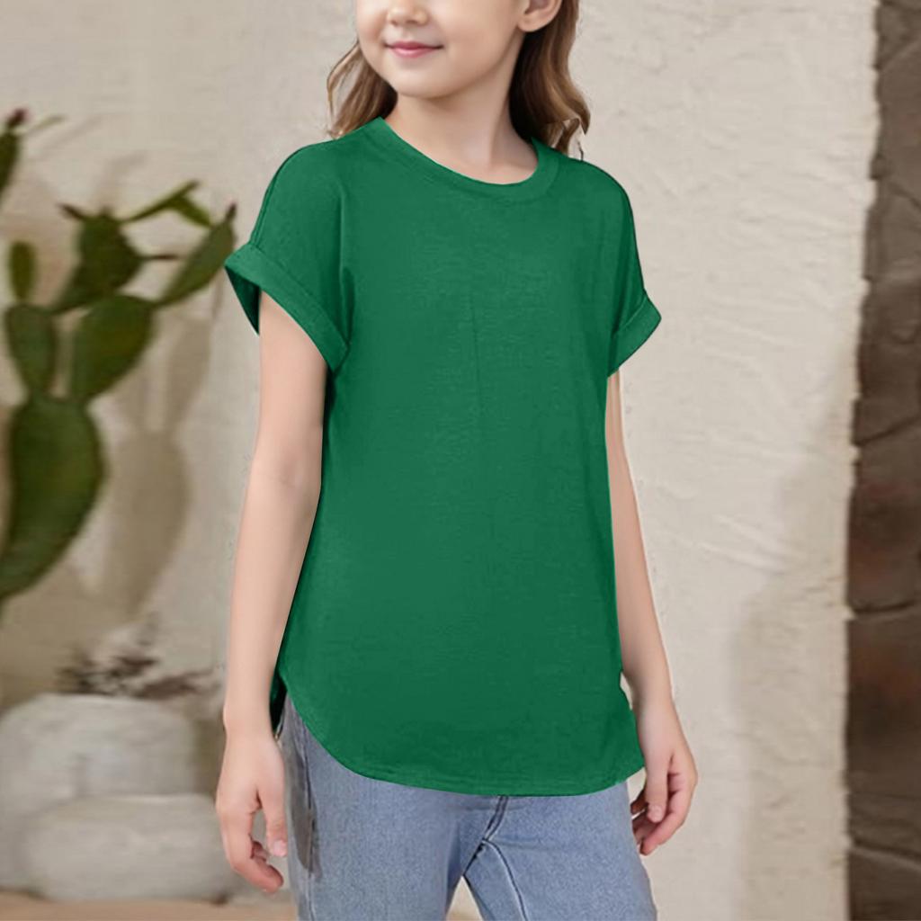 Girls Short Sleeve T Shirts Kids Crewneck Curve Summer Tees Hem Tops Sleeve T Shirts