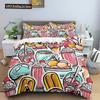 Snack Duvet Cover Set Coffee Bread Donut Pattern Pink Polyester Comforter Cover For Kids Adult Teen Bedding Set Queen King Size